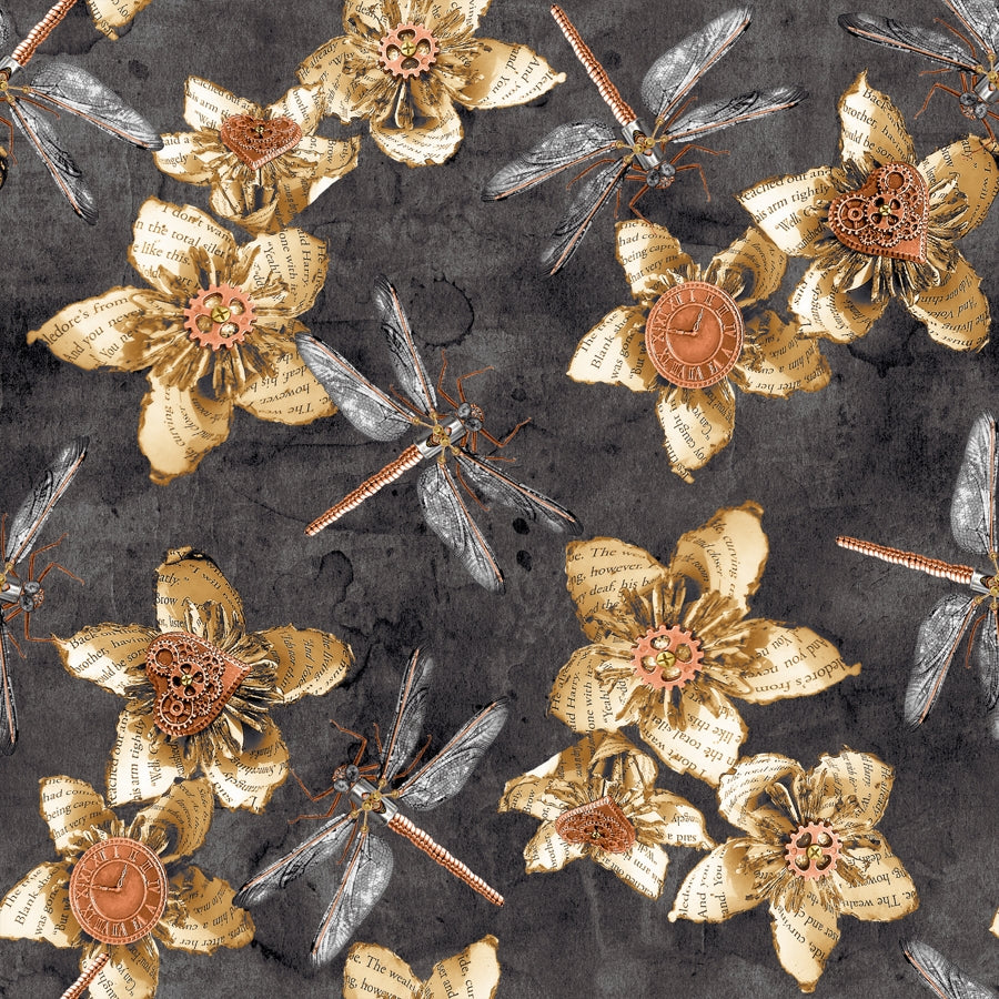 Baumwollstoff Blank Quilting Full steam ahead Flowers with Dragonflies
